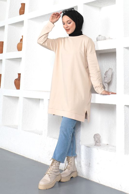 Bisiklet Yaka Sweatshirt TSD230345 Bej - 1