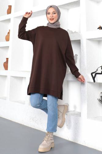 Bisiklet Yaka Sweatshirt TSD230345 Kahverengi - Tesettür Dünyası (1)