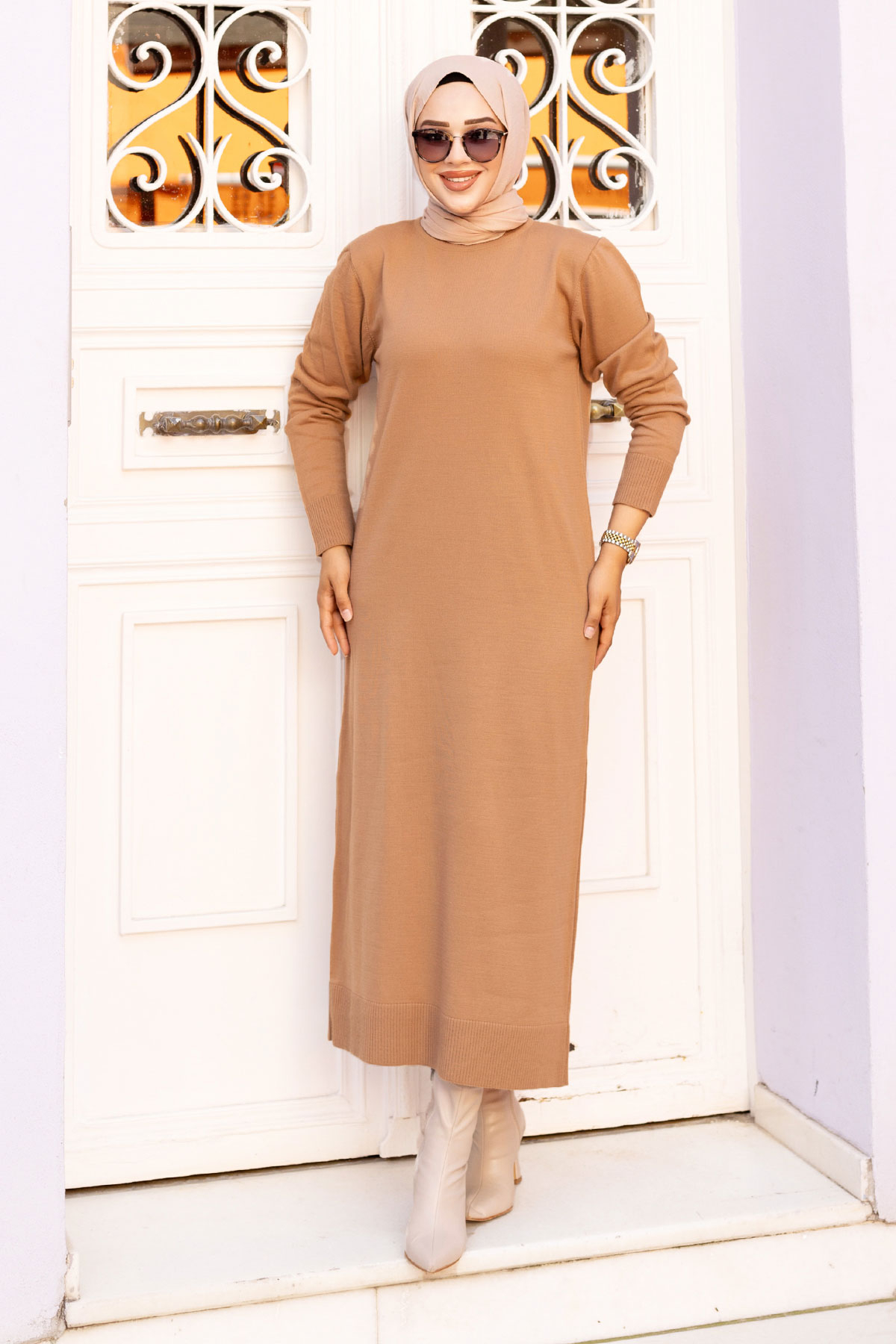 Bisiklet Yaka Triko Elbise TSD240720 Camel