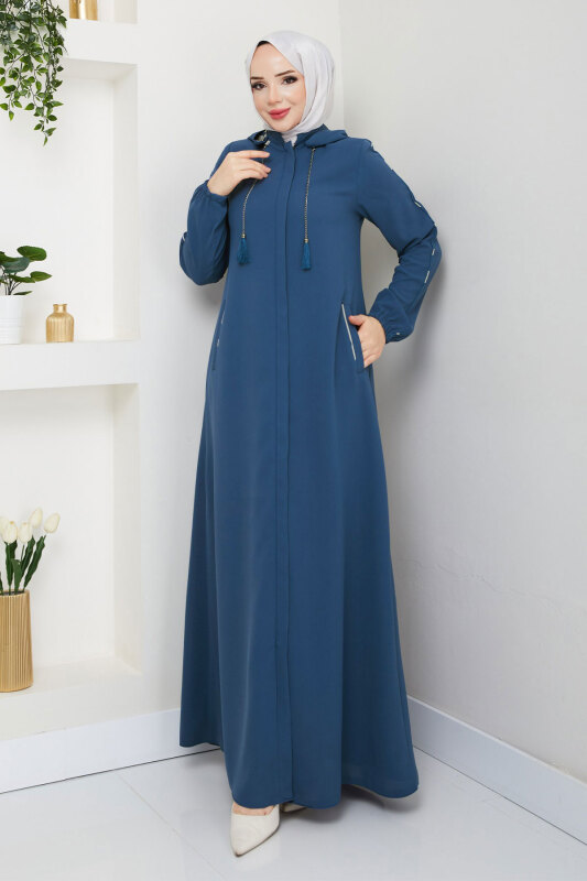 Biye Detaylı Kapüşonlu Ferace TSD250124 İndigo - 1
