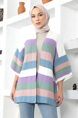 Blok Renkli Triko Hırka TSD230209 Lila - 3
