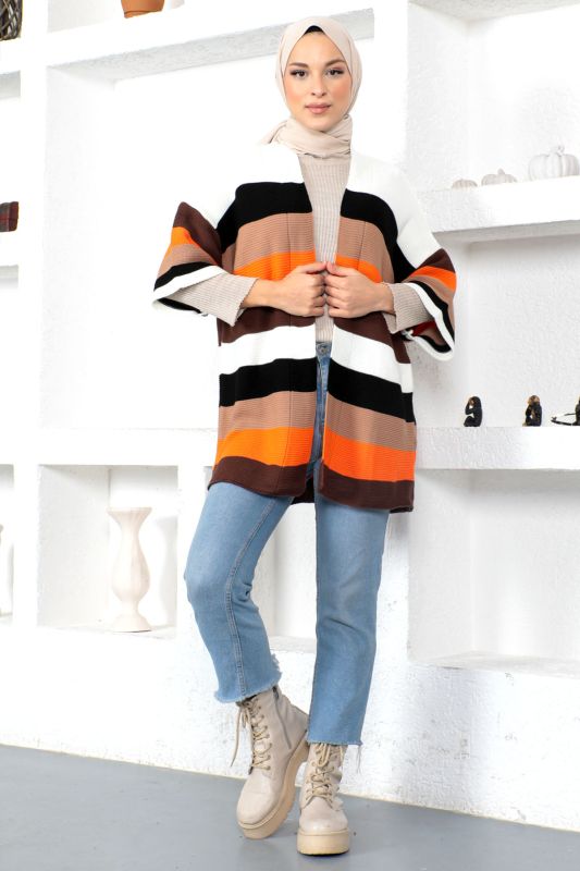 Blok Renkli Triko Hırka TSD230209 Turuncu - 3