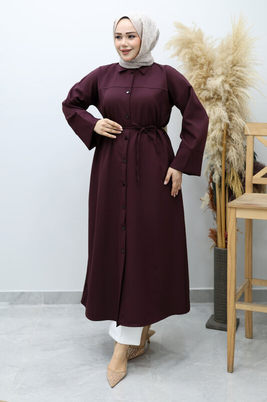Boydan Düğmeli Beli Bağlamalı Tunik TSD260152 Bordo - TESETTÜR DÜNYASI