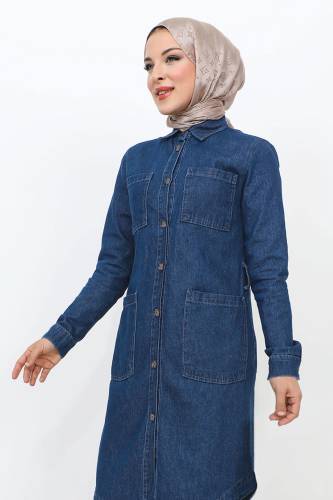 Boydan Düğmeli Cepli Kot Tunik TSD231117 Mavi - Tesettür Dünyası (1)