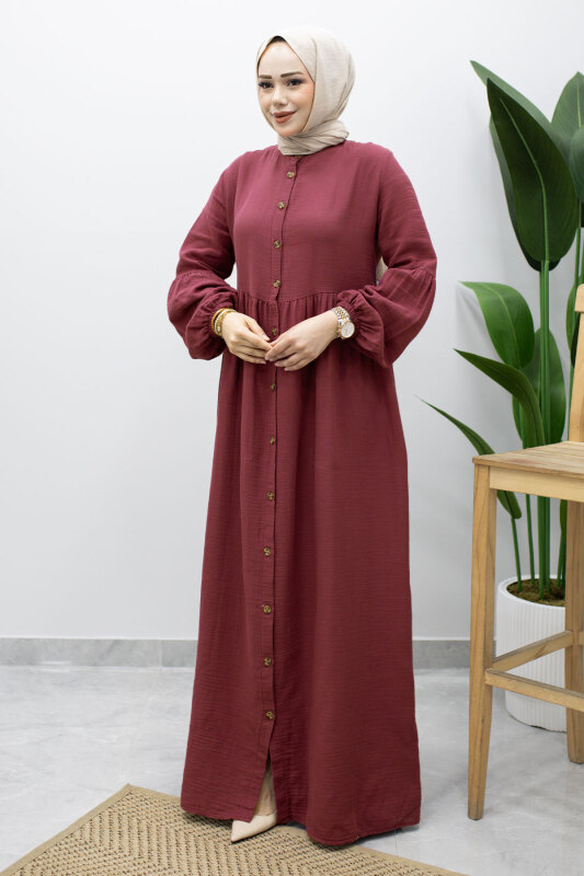Boydan Düğmeli Müslin Elbise TSD260219 Fuşya - 5