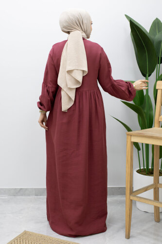 Boydan Düğmeli Müslin Elbise TSD260219 Fuşya - 6
