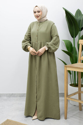 Boydan Düğmeli Müslin Elbise TSD260219 Yeşil - 5