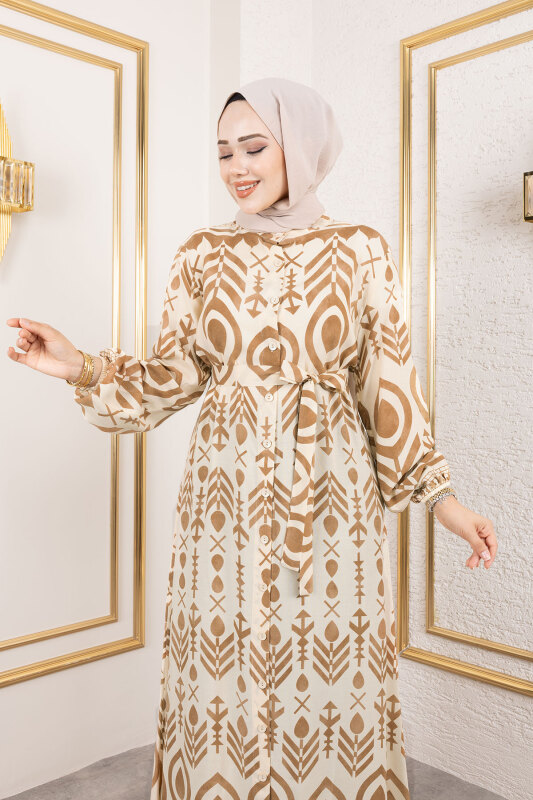 Boydan Düğmeli Viskon Elbise TSD250214 Camel - TESETTÜR DÜNYASI (1)