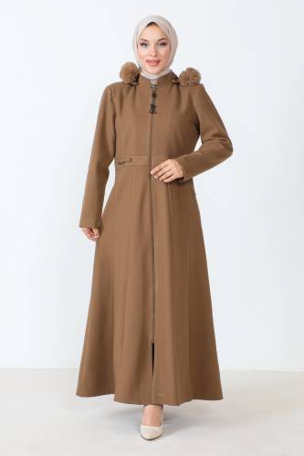 Boydan Fermuarlı Tam Boy Kaşe Kaban TSD230803 Camel 