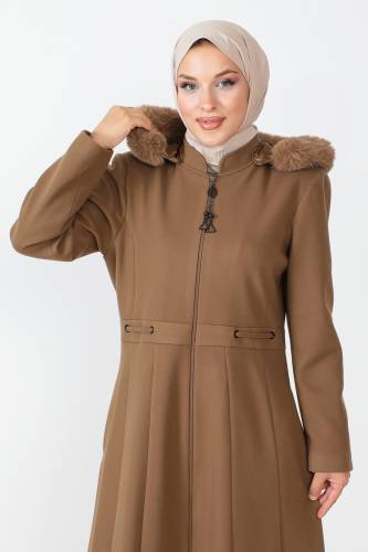Boydan Fermuarlı Tam Boy Kaşe Kaban TSD230803 Camel - Tesettür Dünyası (1)