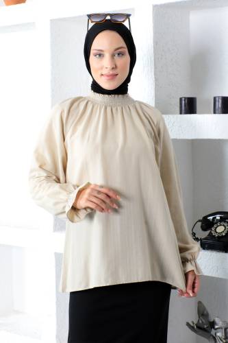 Boyunu Gipe Lastikli Bluz TSD221205 Bej 