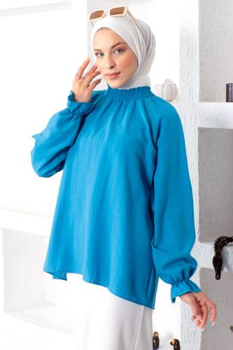 Boyunu Gipe Lastikli Bluz TSD221205 Mavi 