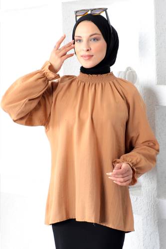 Boyunu Gipe Lastikli Bluz TSD221205 Taba 