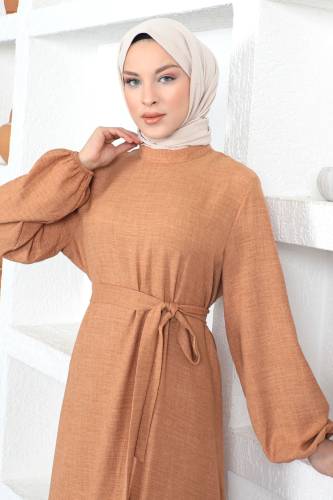 Büyük Beden Beli Bağlamalı Elbise TSD230358 Tarçın - Tesettür Dünyası (1)
