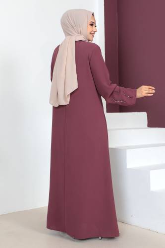 Büyük Beden Kolu İşlemeli Tesettür Ferace TSD230609 Gül Kurusu - 5