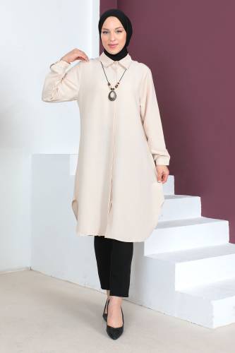 Büyük Beden Kolyeli Tunik TSD230509 Bej 
