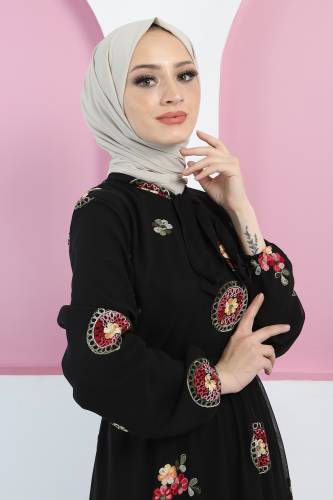 Büyük Beden Nakışlı Elbise TSD220506 Siyah - Tesettür Dünyası (1)