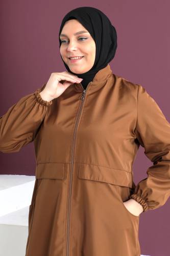 Büyük Beden Pat Detaylı Trençkot TSD230505 Taba - Tesettür Dünyası (1)