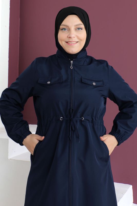 Büyük Beden Süs Cepli Trençkot TSD230504 Lacivert - 2