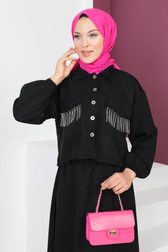 Cebi Taşlı Etekli İkili Takım TSD230633 Siyah - Tesettür Dünyası (1)