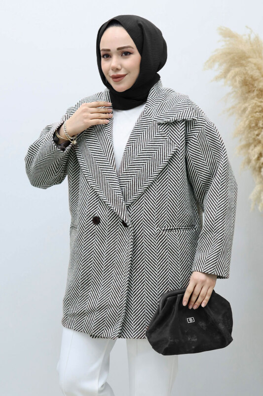 Cepli Balıksırtı Desenli Kaban TSD260129 Siyah - TESETTÜR DÜNYASI (1)