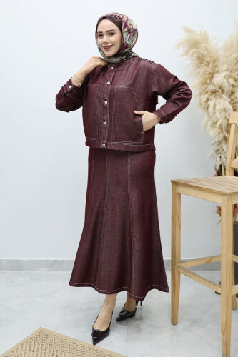 Cepli Denim Detaylı Denim Takım TSD260138 Bordo - TESETTÜR DÜNYASI