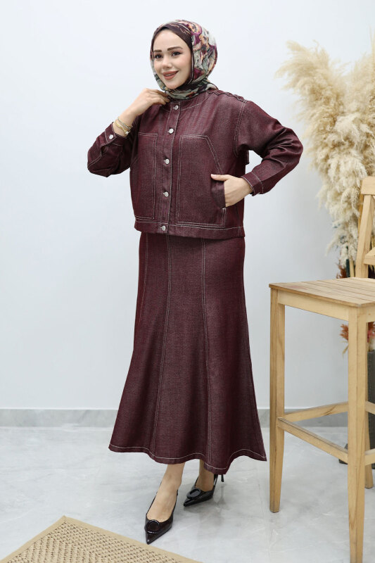 Cepli Denim Detaylı Denim Takım TSD260138 Bordo - 1