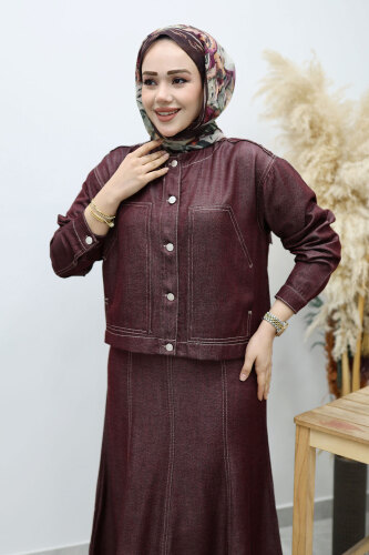 Cepli Denim Detaylı Denim Takım TSD260138 Bordo - TESETTÜR DÜNYASI (1)
