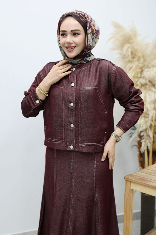 Cepli Denim Detaylı Denim Takım TSD260138 Bordo - 2