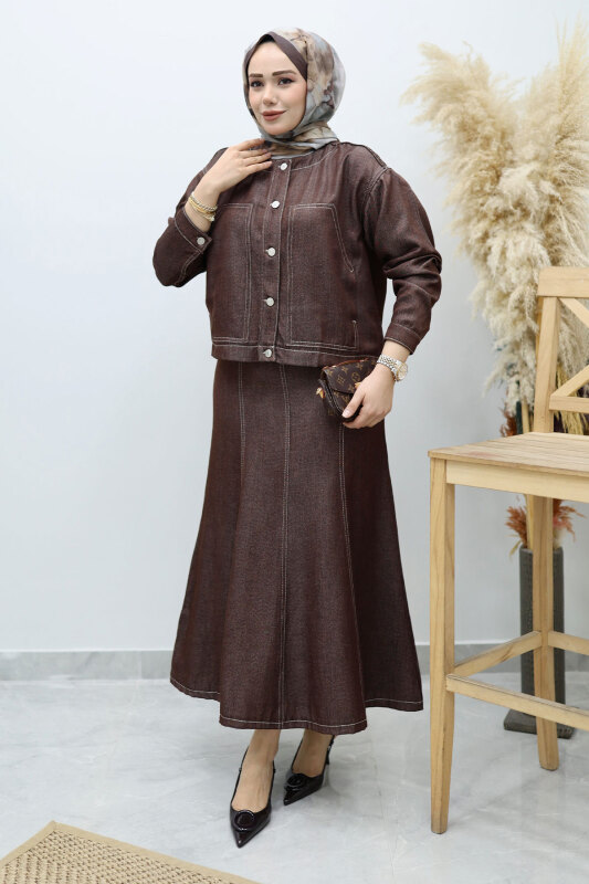 Cepli Denim Detaylı Denim Takım TSD260138 Kahverengi - 1