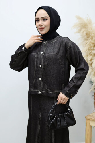 Cepli Denim Detaylı Denim Takım TSD260138 Siyah - TESETTÜR DÜNYASI (1)