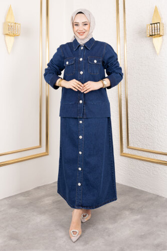 Cepli Kol Ucu Katlamalı Etekli Kot Takım TSD250134 Koyu Mavi 