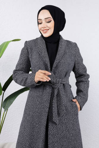 Cepli Kruvaze Yaka Kaban TSD240938 Siyah - Tesettür Dünyası (1)