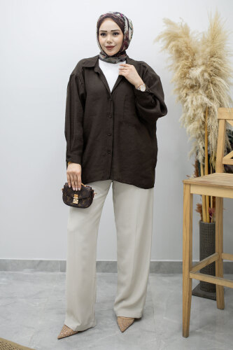 Cepli Oversize Gömlek TSD260167 Acı Kahve 