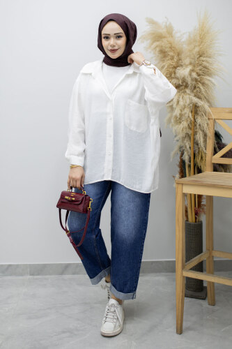 Cepli Oversize Gömlek TSD260167 Beyaz 
