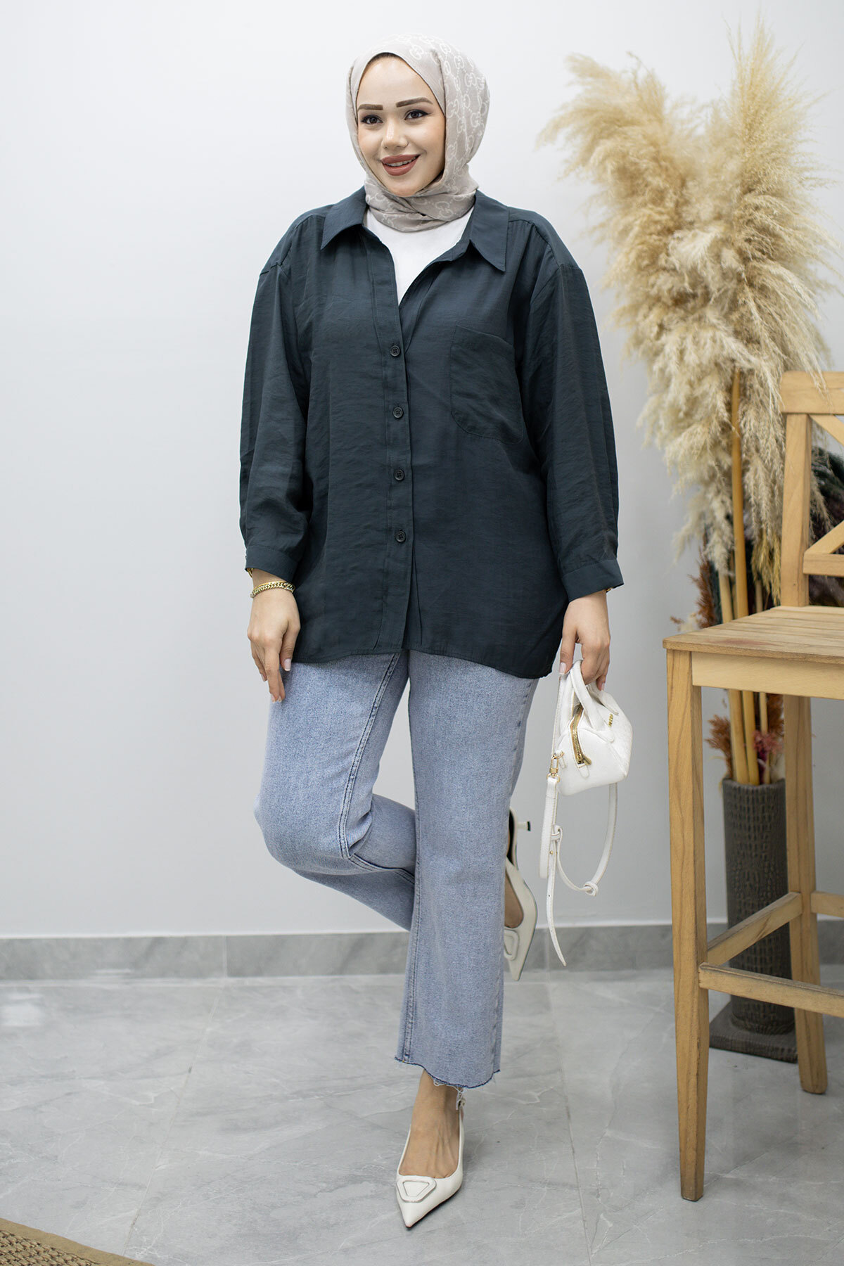 Cepli Oversize Gömlek TSD260167 Füme