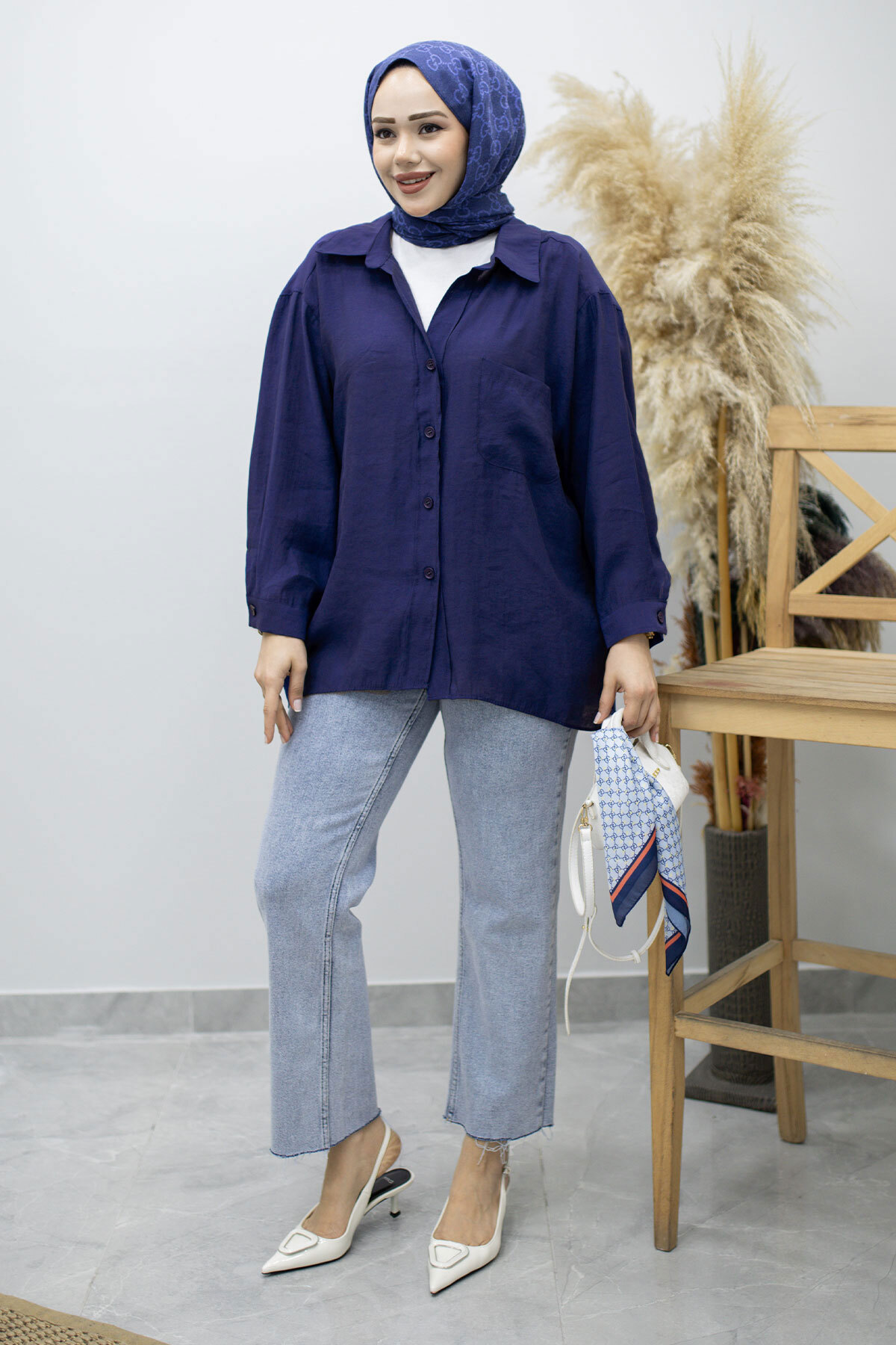 Cepli Oversize Gömlek TSD260167 İndigo