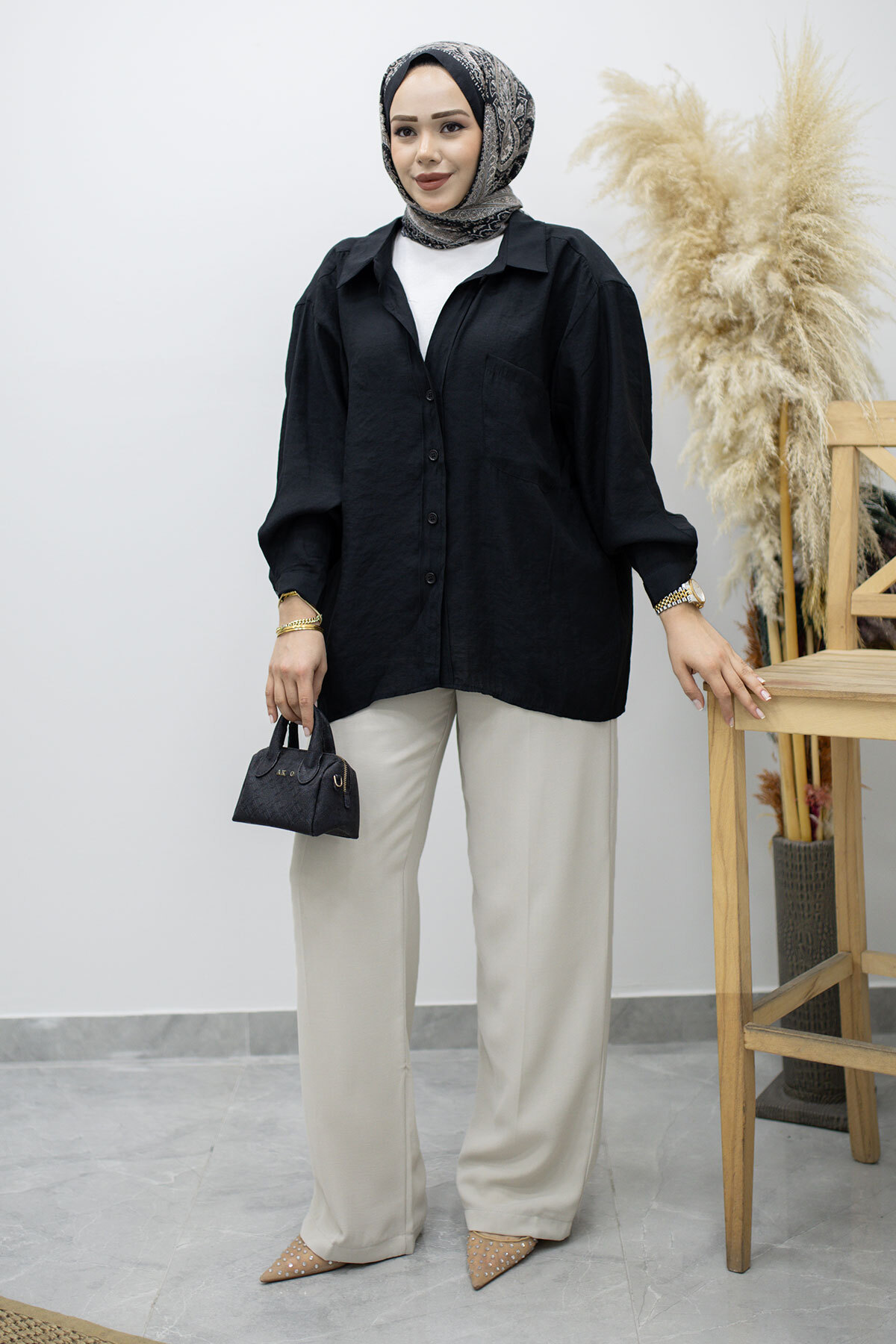Cepli Oversize Gömlek TSD260167 Siyah