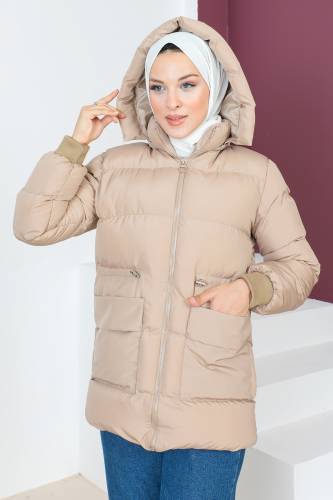 Cepli Şişme Mont TSD230628 Bej - Tesettür Dünyası (1)