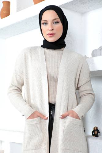 Cepli Triko Hırka TSD230215 Bej - Tesettür Dünyası (1)