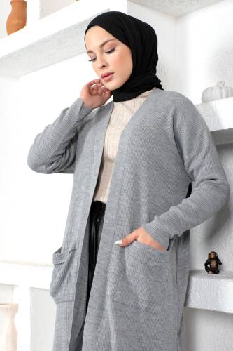 Cepli Triko Hırka TSD230215 Gri - Tesettür Dünyası (1)