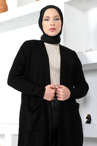 Cepli Triko Hırka TSD230215 Siyah - Tesettür Dünyası (1)