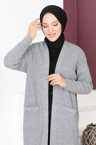 Cepli Triko Hırka TSD230718 Gri - Tesettür Dünyası (1)