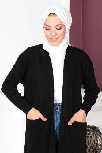 Cepli Triko Hırka TSD230718 Siyah - Tesettür Dünyası (1)
