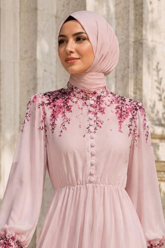 Çiçek Baskılı Yarım Düğmeli Şifon Elbise TSD260258 Pembe - Tesettür Dünyası (1)