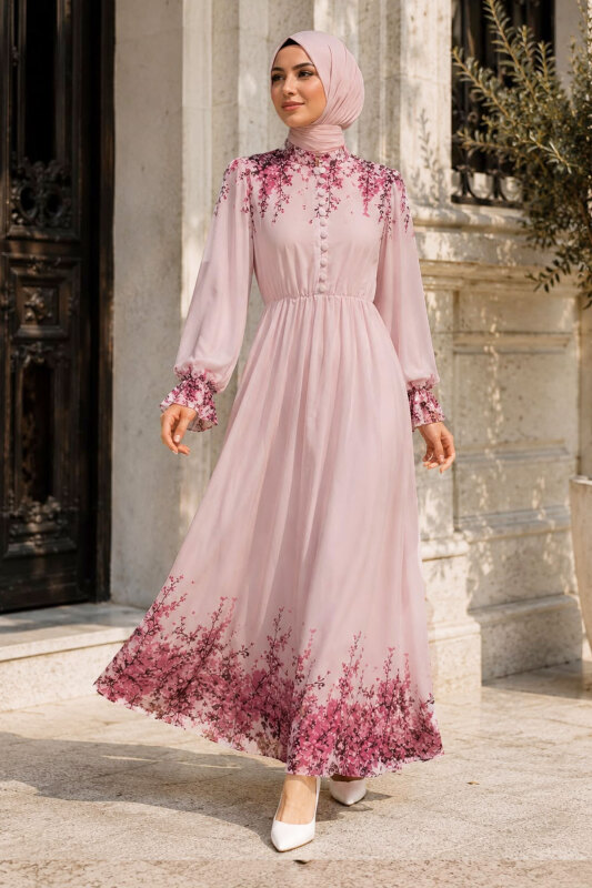 Çiçek Baskılı Yarım Düğmeli Şifon Elbise TSD260258 Pembe - 3