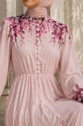 Çiçek Baskılı Yarım Düğmeli Şifon Elbise TSD260258 Pembe - 4