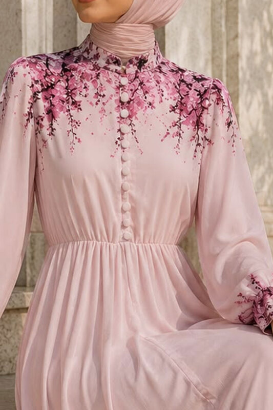 Çiçek Baskılı Yarım Düğmeli Şifon Elbise TSD260258 Pembe - 4