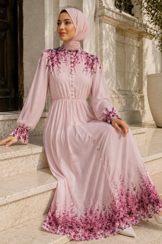 Çiçek Baskılı Yarım Düğmeli Şifon Elbise TSD260258 Pembe - 5