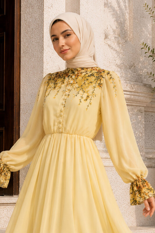 Çiçek Baskılı Yarım Düğmeli Şifon Elbise TSD260258 Sarı - Tesettür Dünyası (1)